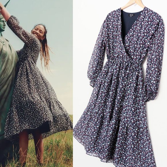 Madewell Dresses & Skirts - Madewell Tie Waist Midi Dress M Harvest Vine Floral Navy Blue Surplice Neck $148